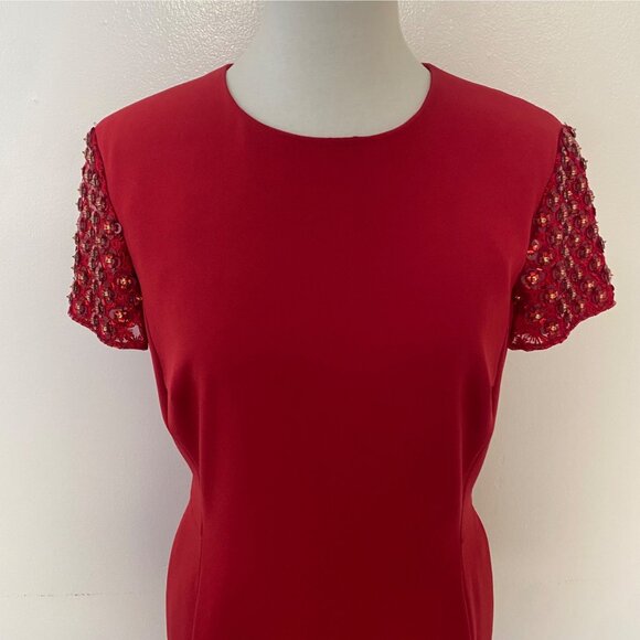 Escada Red Holiday Sheath Dress Beaded Sleeves - Picture 2 of 14